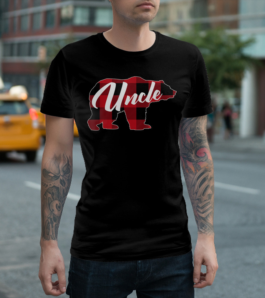 Mens Red Plaid Buffalo Bear Uncle T-Shirt