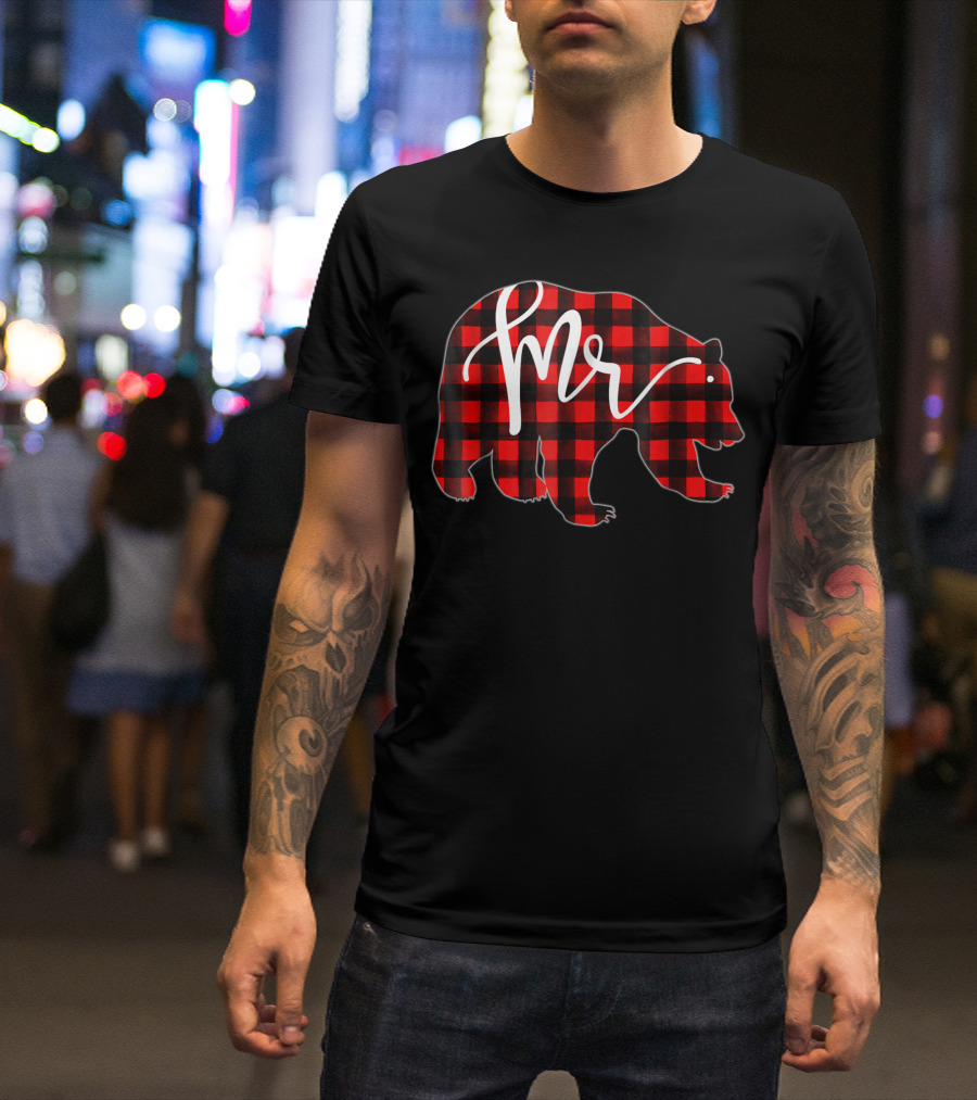 Mens Red Plaid Mr Bear Newlywed Married Matching T-Shirt