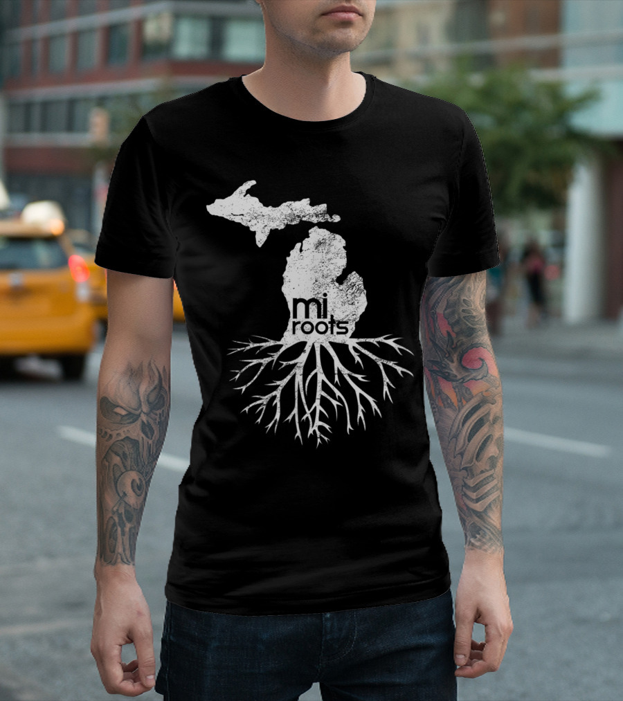 Mi Roots Michigan Map Native Michigander Home State With Tree Roots T-Shirt