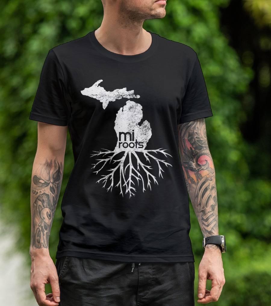 Mi Roots Michigan Map Native Michigander Home State With Tree Roots T-Shirt