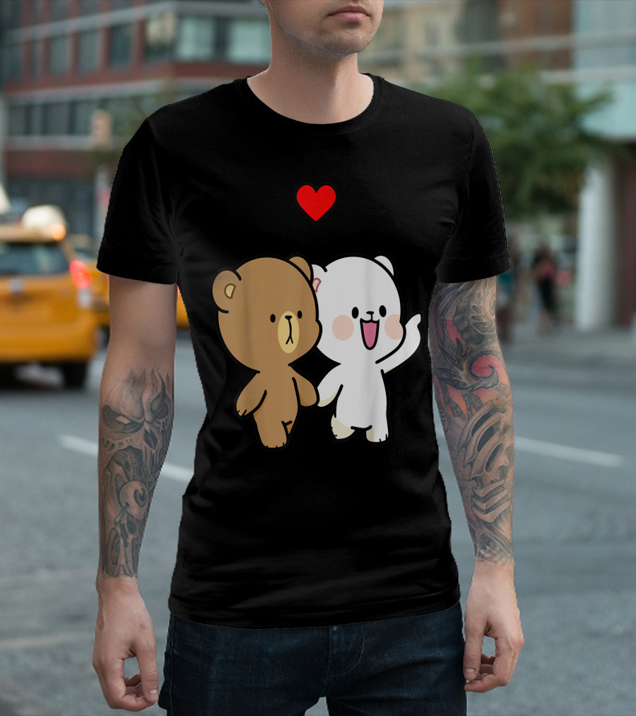 Milk Mocha Bear Walking In Love Valentines Heart Duo T-Shirt