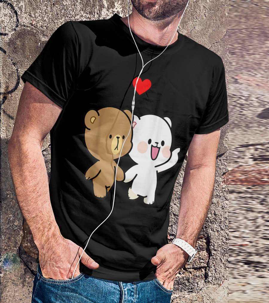 Milk Mocha Bear Walking In Love Valentines Heart Duo T-Shirt