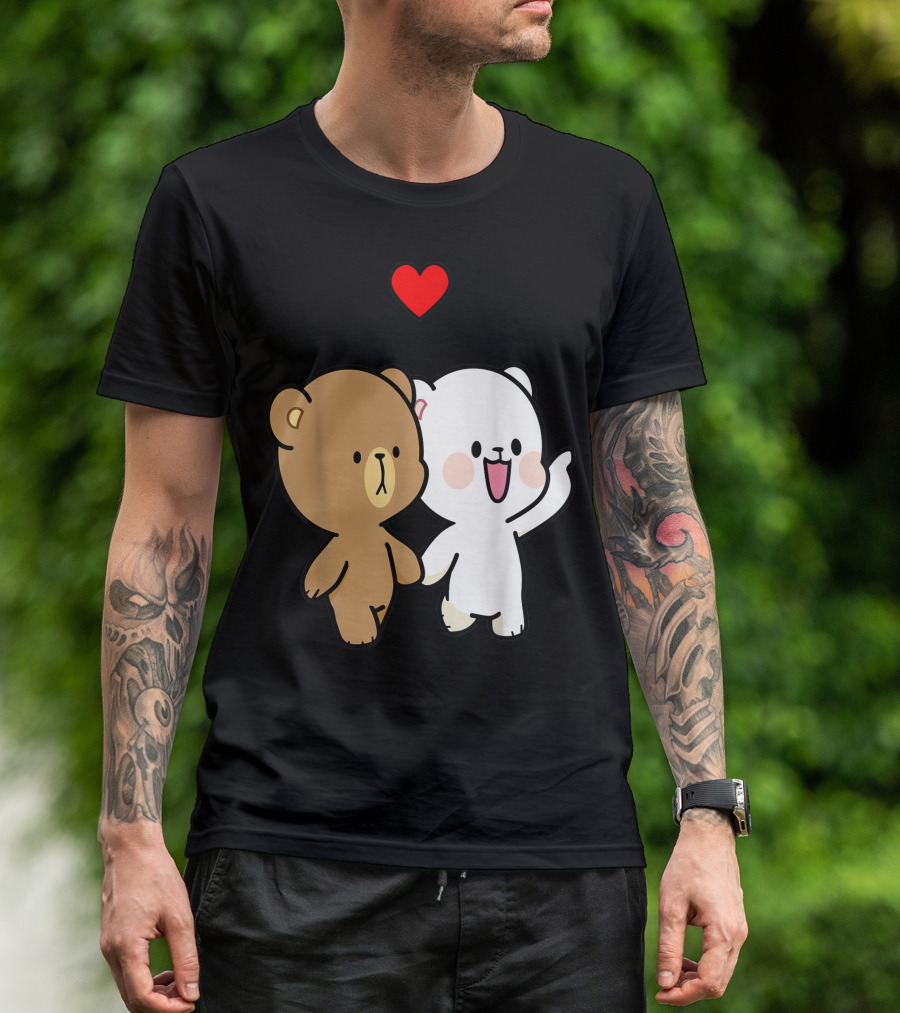 Milk Mocha Bear Walking In Love Valentines Heart Duo T-Shirt