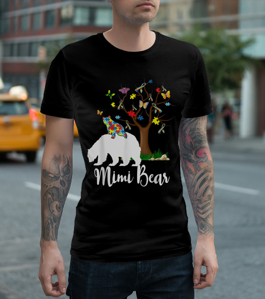 Mimi Bear Autism Awareness Puzzle Piece Tree Butterflies T-Shirt