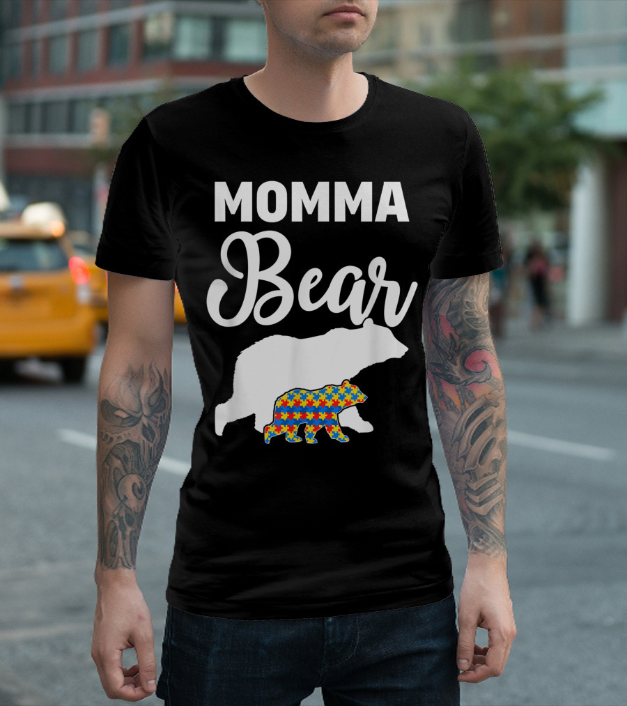 Momma Bear Autism Awareness Puzzle Pattern For Proud Supporters T-Shirt