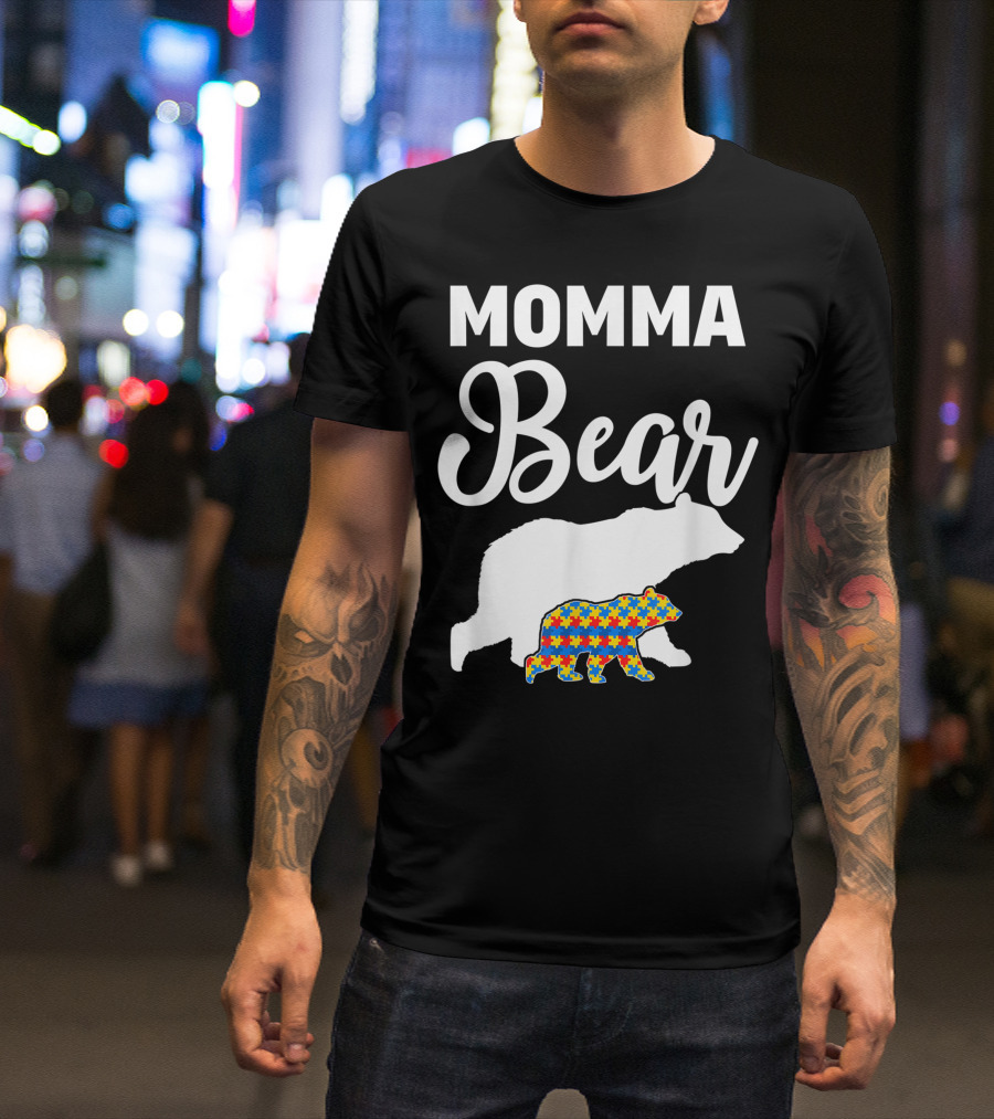Momma Bear Autism Awareness Puzzle Pattern For Proud Supporters T-Shirt