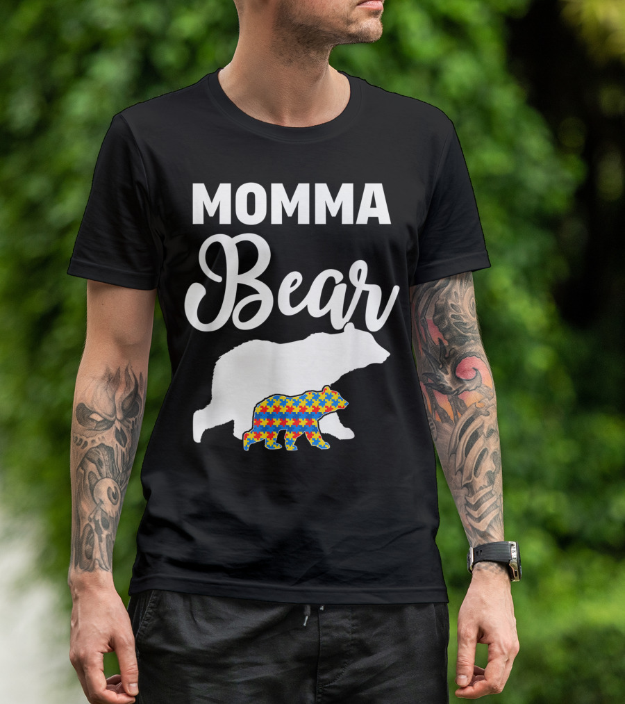 Momma Bear Autism Awareness Puzzle Pattern For Proud Supporters T-Shirt