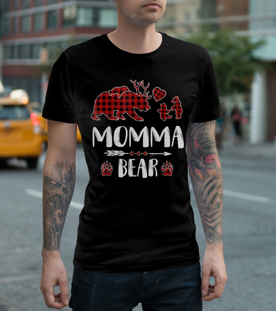 Momma Bear Red Plaid Buffalo Family Christmas Reindeer Antlers Heart Arrow Paws T-Shirt