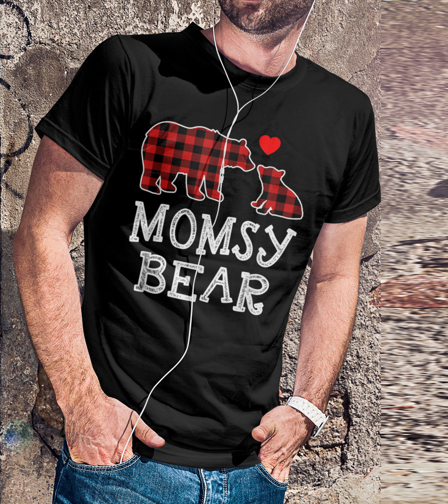 Momsy Bear Red Plaid Buffalo Family Christmas Love T-Shirt