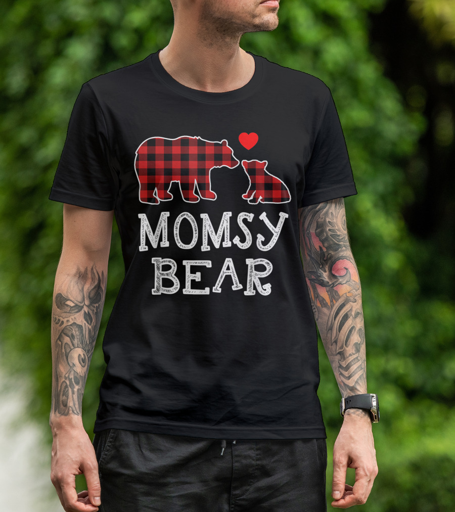 Momsy Bear Red Plaid Buffalo Family Christmas Love T-Shirt