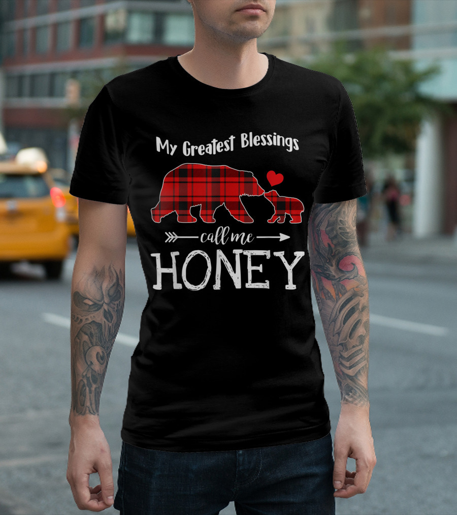 My Greatest Blessings Call Me Honey Bear Red Plaid Heart T-Shirt