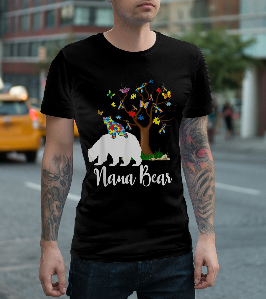 Nana Bear Autism Awareness Love Support Puzzle Tree Butterflies T-Shirt