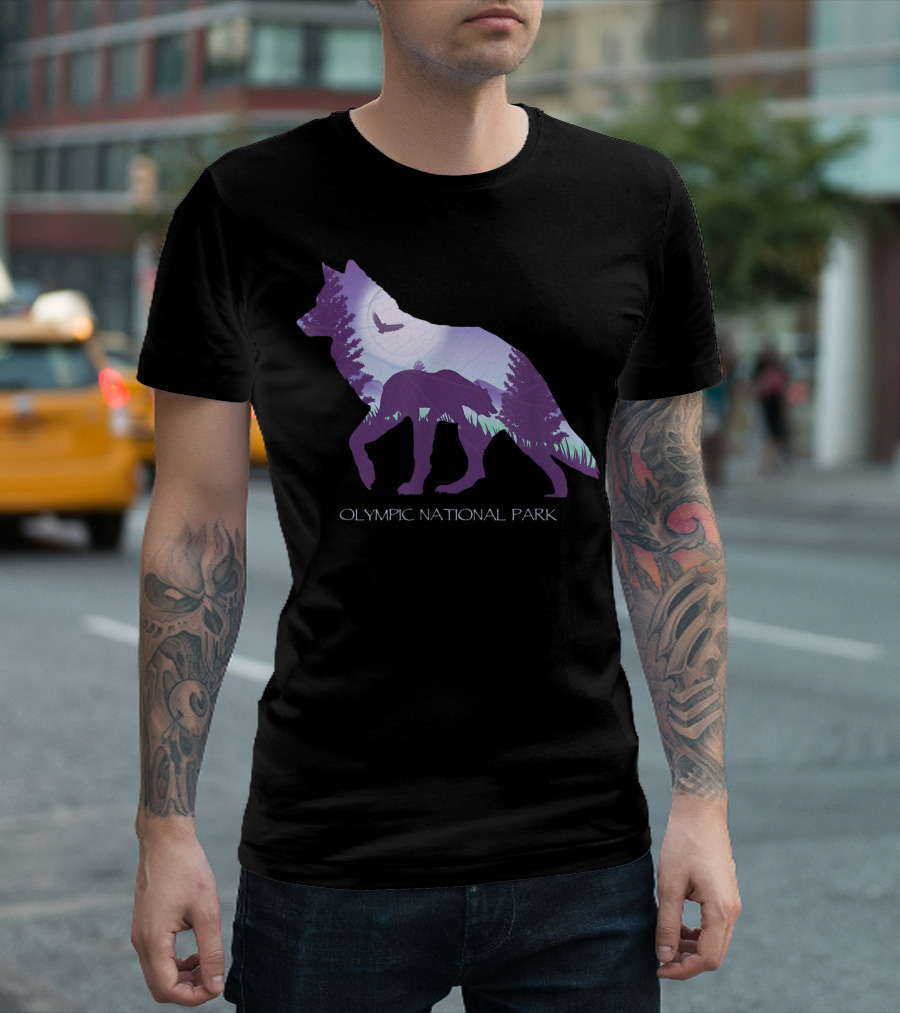 Olympic National Park Washington Wolf Silhouette with Forest and Bird Scene T-Shirt