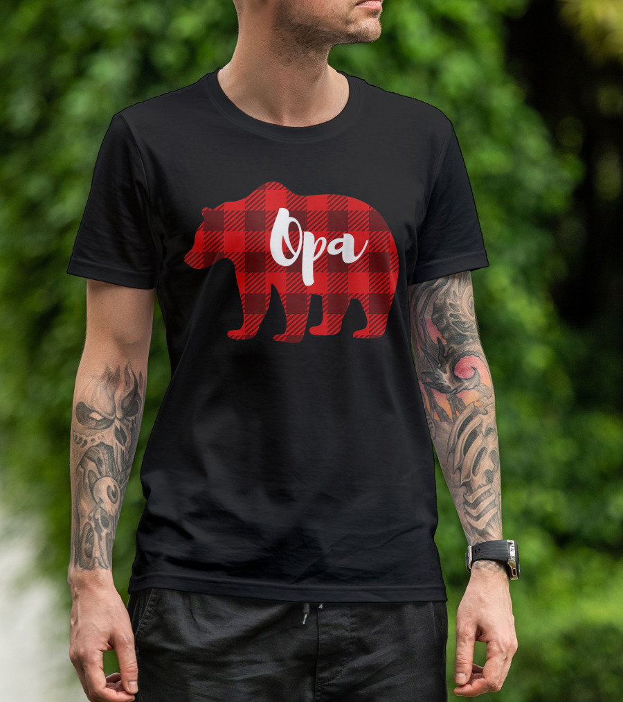 Opa Bear Plaid Pattern Grandparents Family Mens Clothing T-Shirt