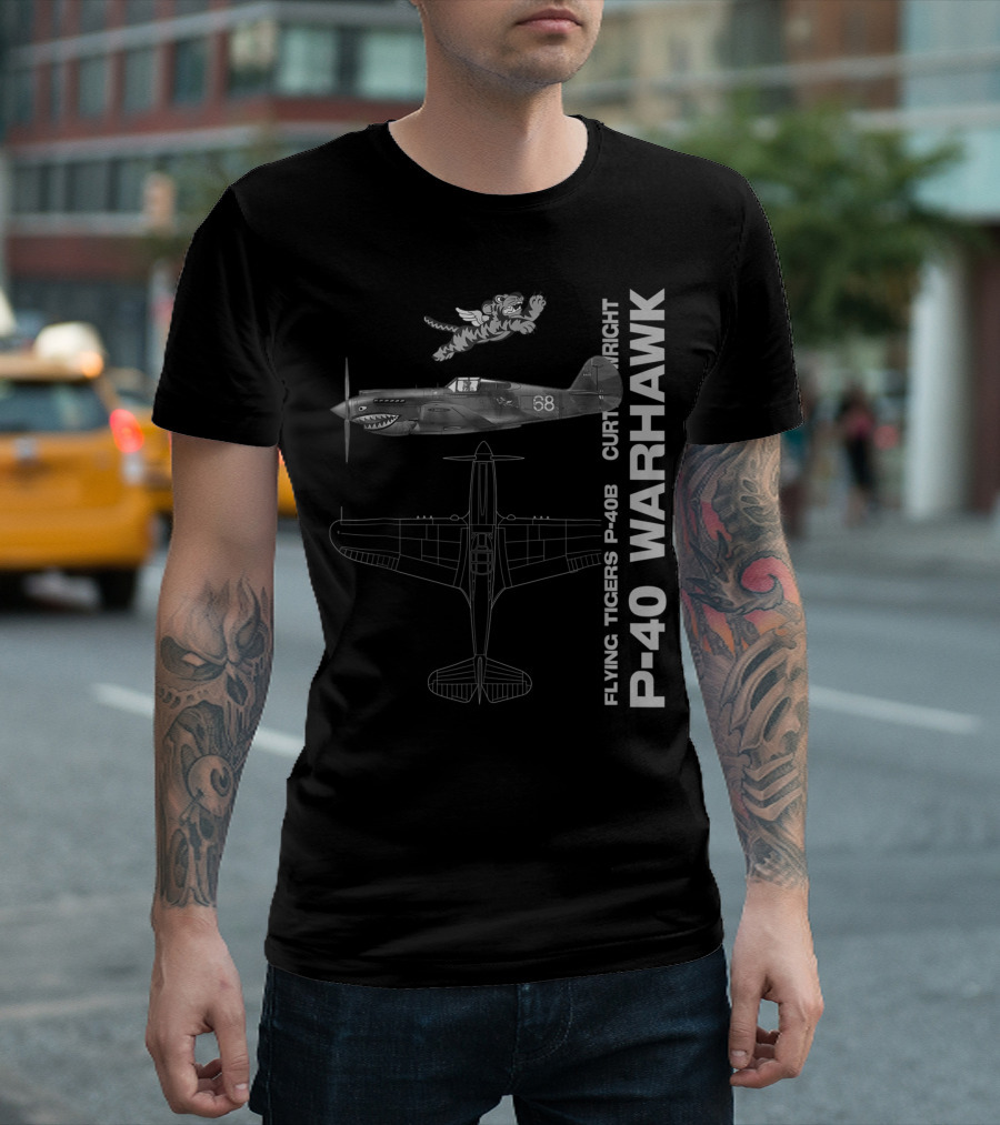 Flying Tigers Curtiss Wright P-40B Warhawk WWII Fighter Airplane Profile T-Shirt