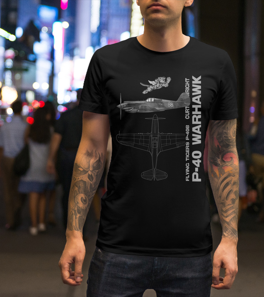 Flying Tigers Curtiss Wright P-40B Warhawk WWII Fighter Airplane Profile T-Shirt