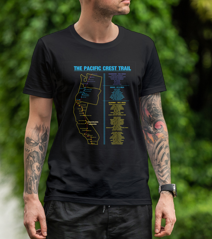 THE PACIFIC CREST TRAIL WASHINGTON OREGON CALIFORNIA TRIP HIKING GUIDE MAP MILE MARKERS T-Shirt