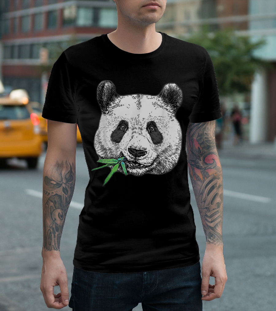 Panda Bear Face Eating Bamboo Leaf Sketch T-Shirt