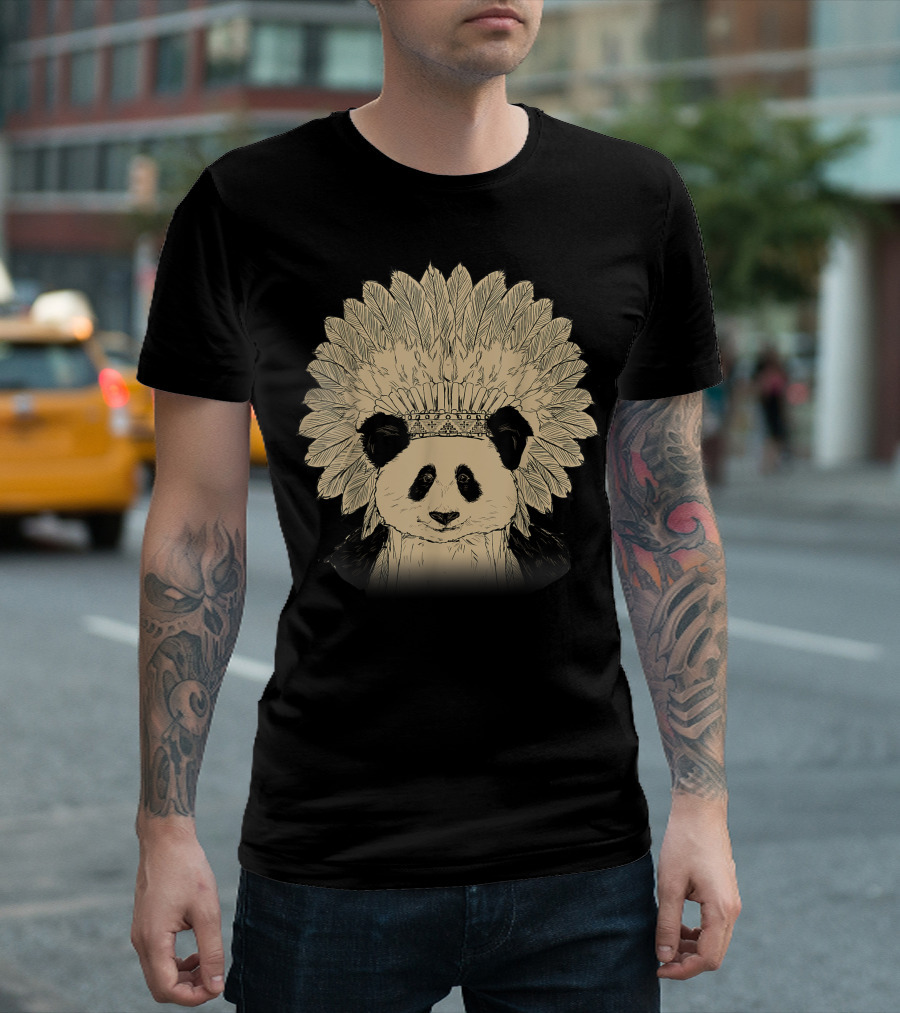 Panda Bear Native Indian American Animal Lover Panda Headdress T-Shirt