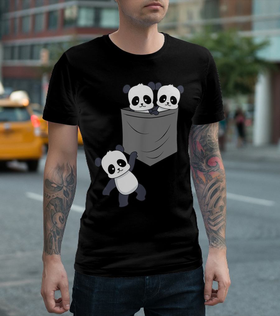 Panda Kawaii Anime Pocket Cute Baby Panda Bear Trio T-Shirt