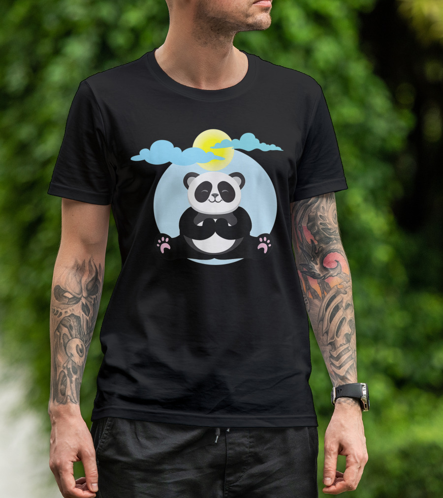 Panda Yoga Meditation Namaste Under Sun And Clouds T-Shirt