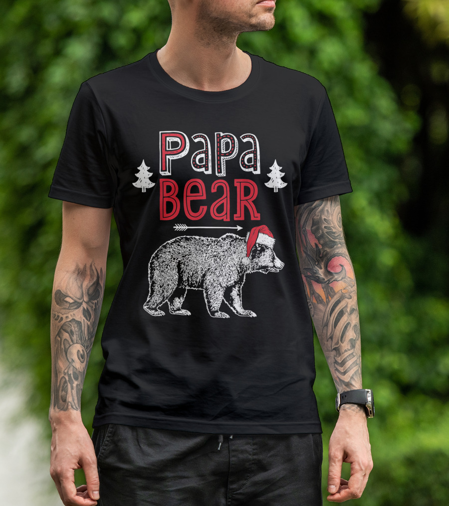 Papa Bear Santa Hat Christmas Family Trees T-Shirt