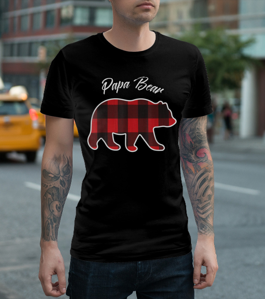 Papa Bear Christmas Family Red Plaid Matching T-Shirt