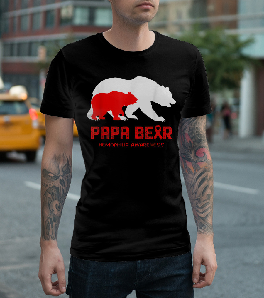 Papa Bear Hemophilia Awareness With Red Ribbon And Bear T-Shirt