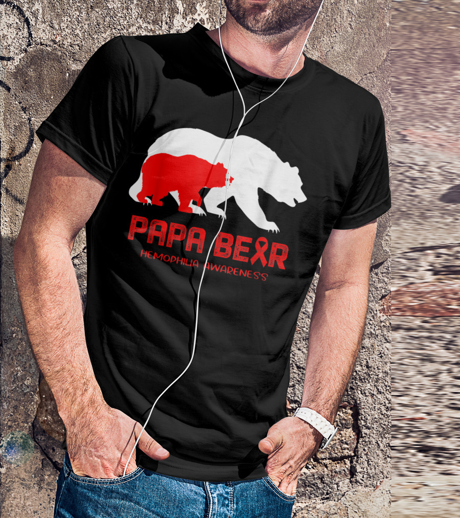 Papa Bear Hemophilia Awareness With Red Ribbon And Bear T-Shirt