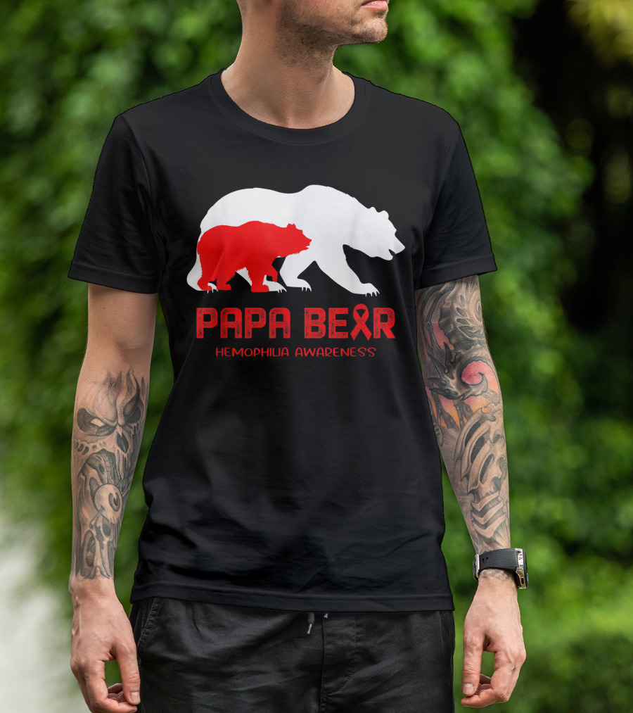 Papa Bear Hemophilia Awareness With Red Ribbon And Bear T-Shirt
