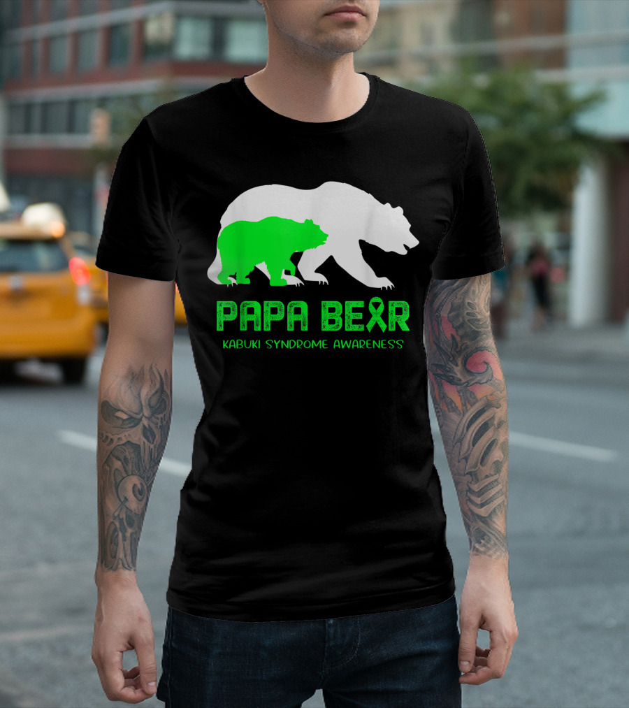 Papa Bear Kabuki Syndrome Awareness with Green Ribbon and Bear T-Shirt