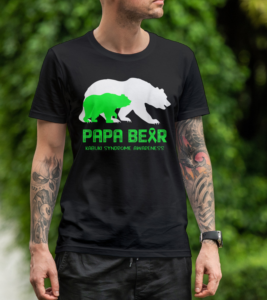 Papa Bear Kabuki Syndrome Awareness With Green Ribbon And Bear T-Shirt