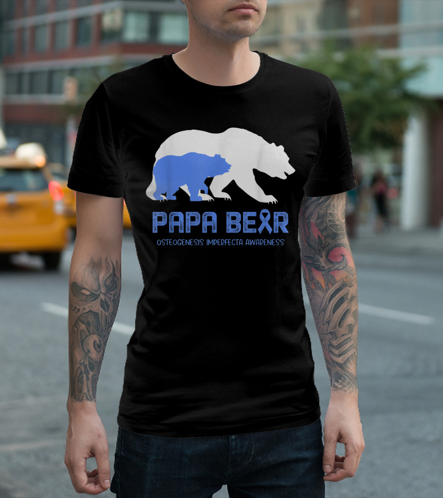 Papa Bear Osteogenesis Imperfecta Awareness with Blue Ribbon Bears T-Shirt