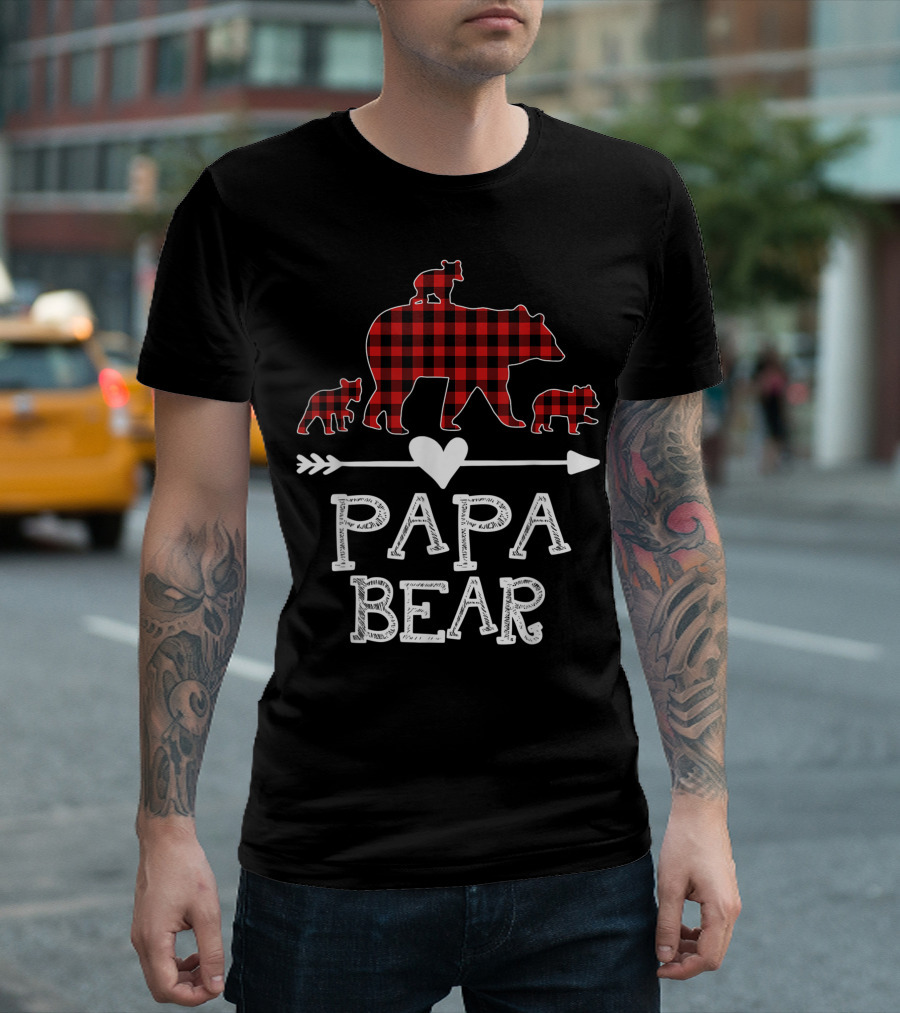 Papa Bear Red Plaid with Three Cubs and Heart Arrow T-Shirt