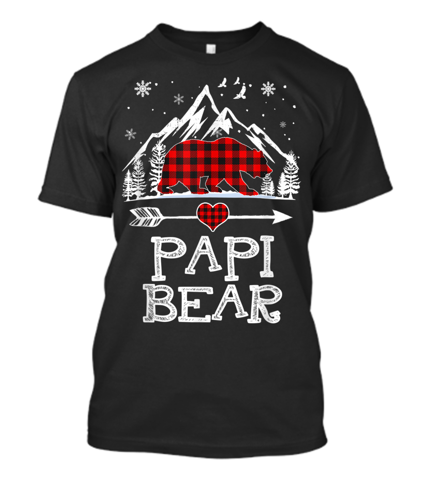 Papi Bear Christmas Red Plaid Buffalo Family Mountains Snowflakes Arrow Heart T-Shirt