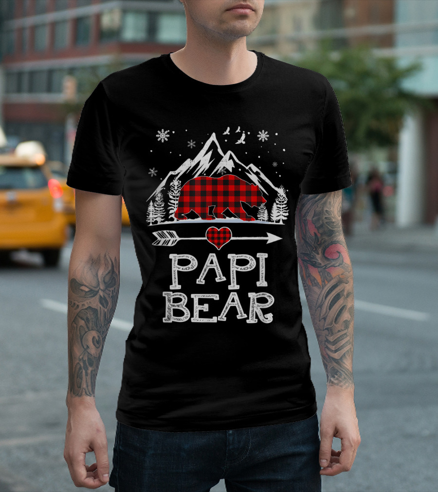 Papi Bear Christmas Red Plaid Buffalo Family Mountains Snowflakes Arrow Heart T-Shirt