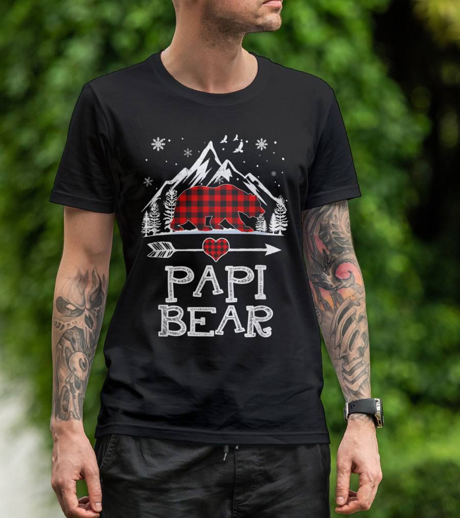 Papi Bear Christmas Red Plaid Buffalo Family Mountains Snowflakes Arrow Heart T-Shirt