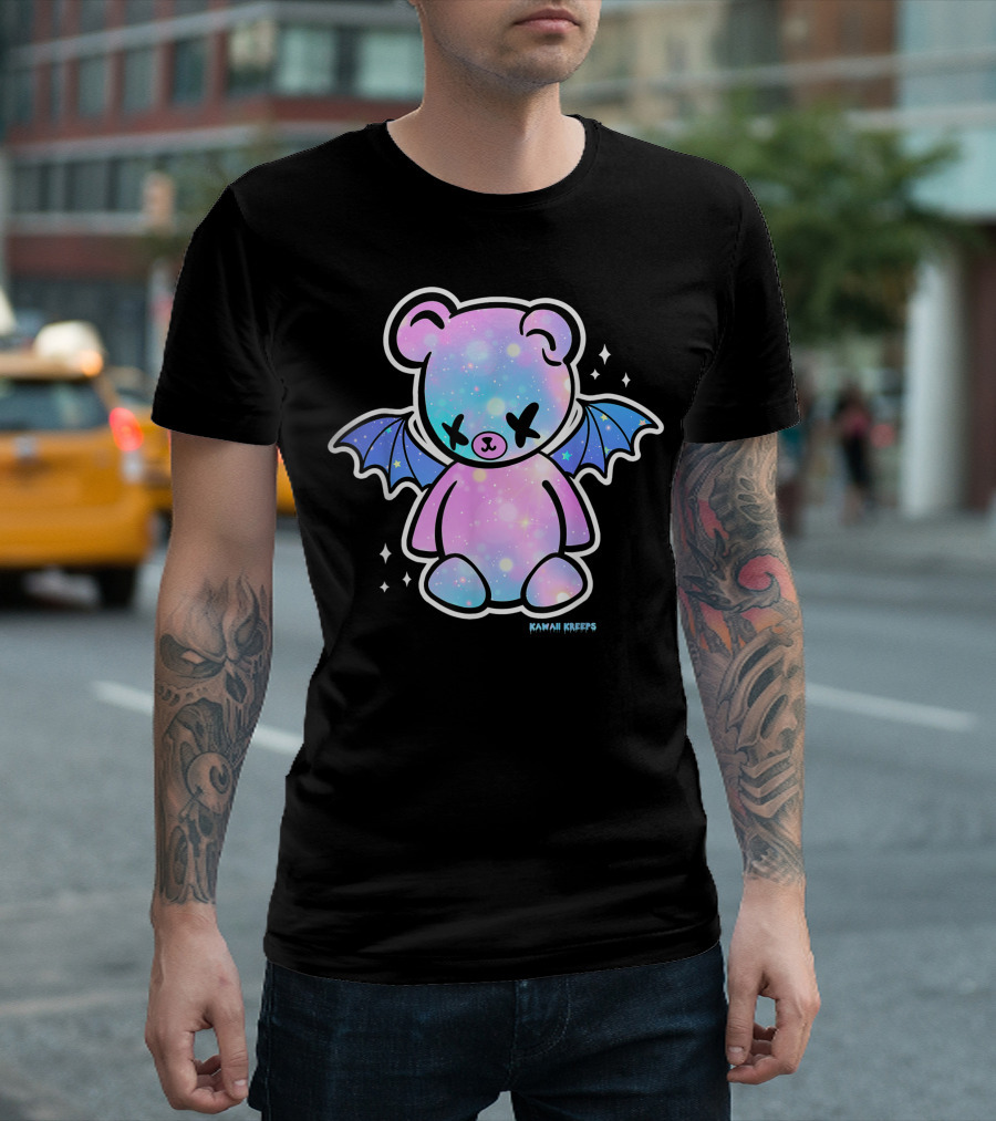 Kawaii Kreeps Pastel Goth Teddy Bear with Bat Wings and Galaxy Stars T-Shirt