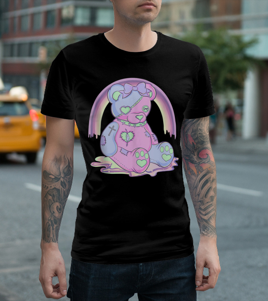 Pastel Goth Teddy Bear Heart Cross Menhera Kawaii Japanese Anime Rainbow Bow 2A T-Shirt