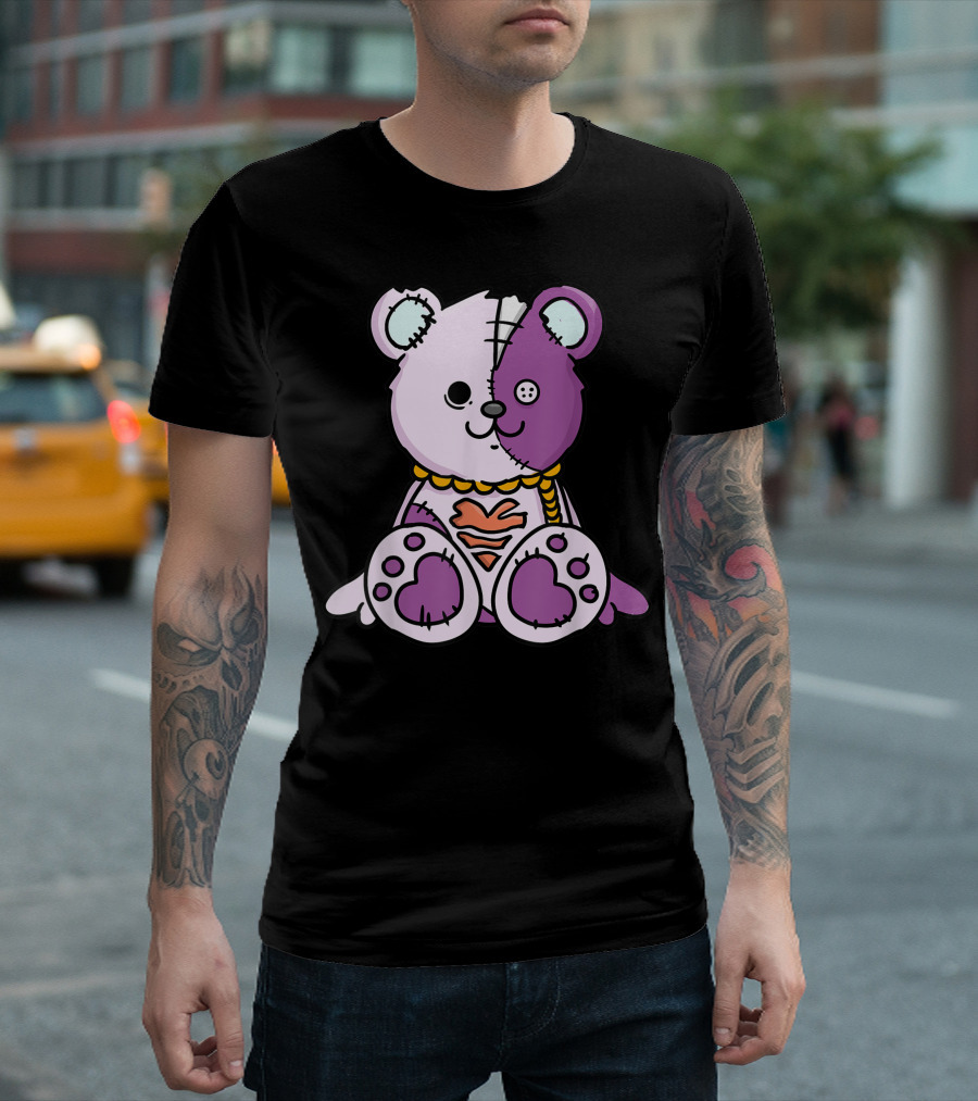 Pastel Goth Patchwork Teddy Bear With Heart And Button Eye T-Shirt