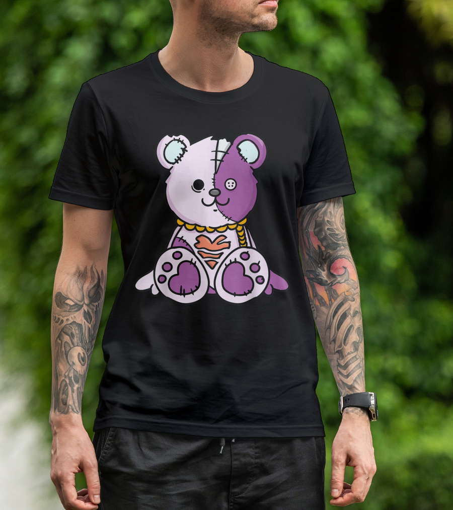 Pastel Goth Patchwork Teddy Bear With Heart And Button Eye T-Shirt