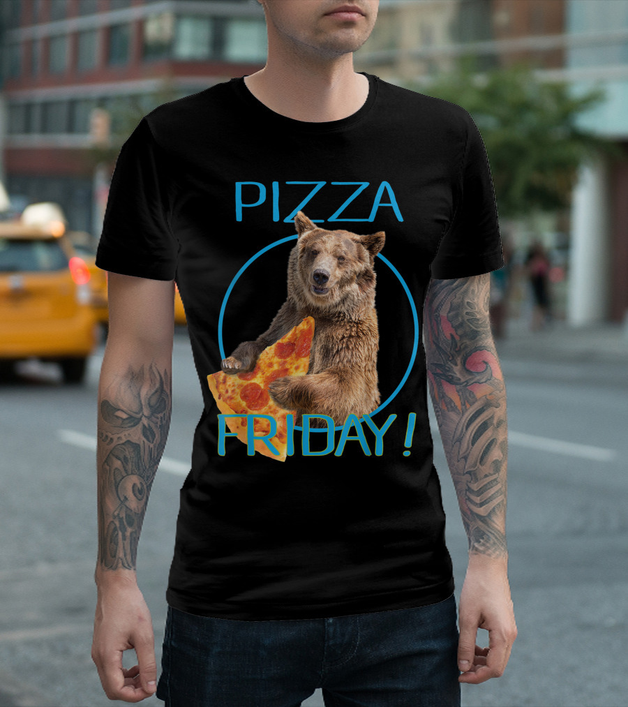 Pizza Friday Bear Humorous Iconic Slice Fun T-Shirt