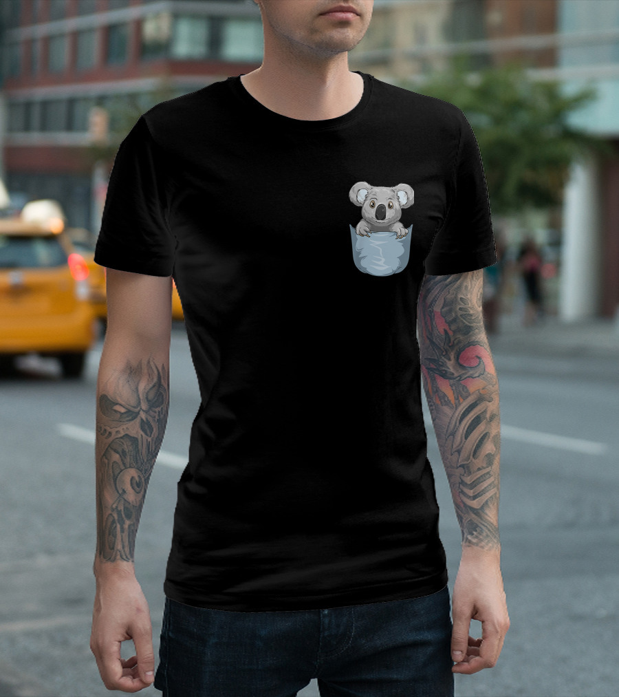 Pocket Koala Peeking Out Koala Cute Gray Koala in Blue Pocket T-Shirt