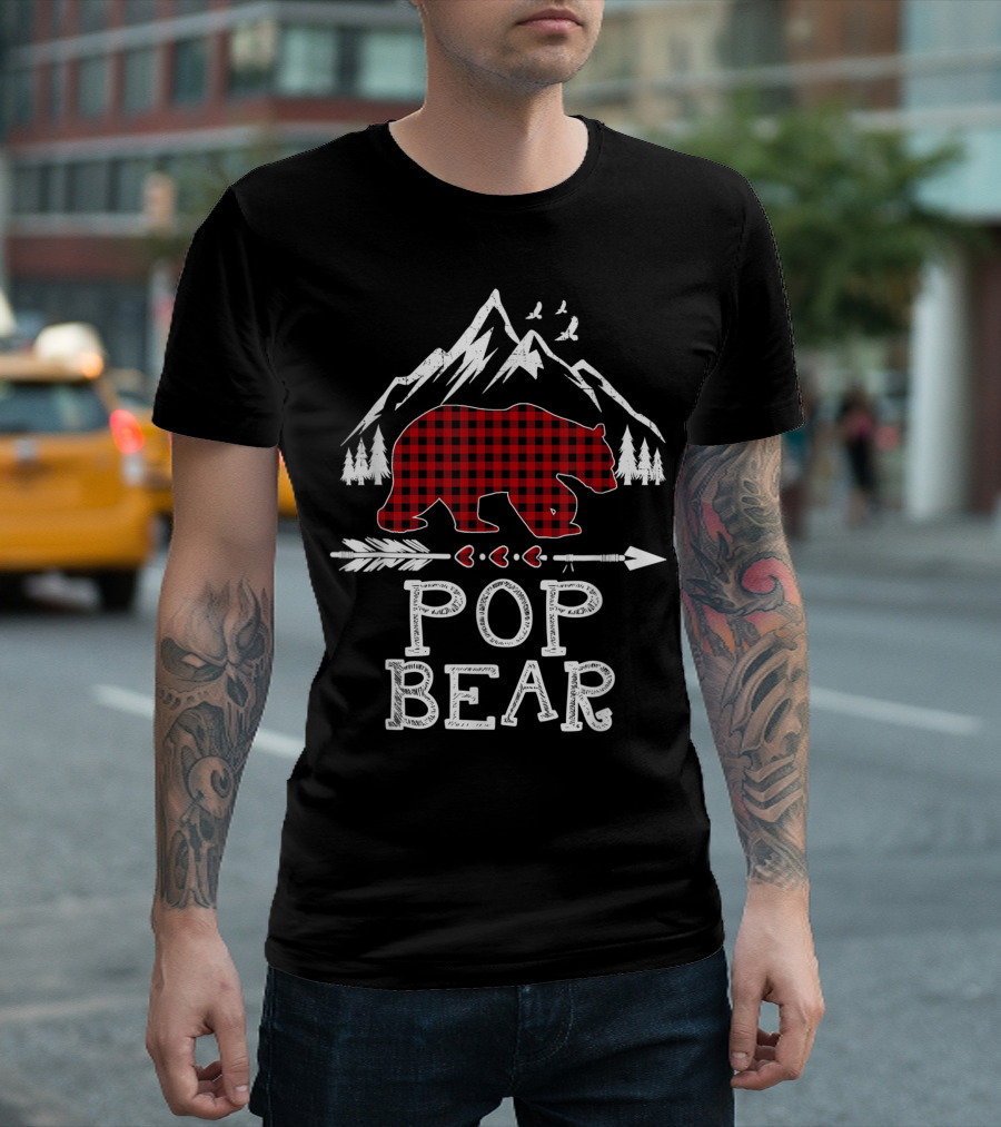 Pop Bear Christmas Red Plaid Buffalo Mountains Family T-Shirt