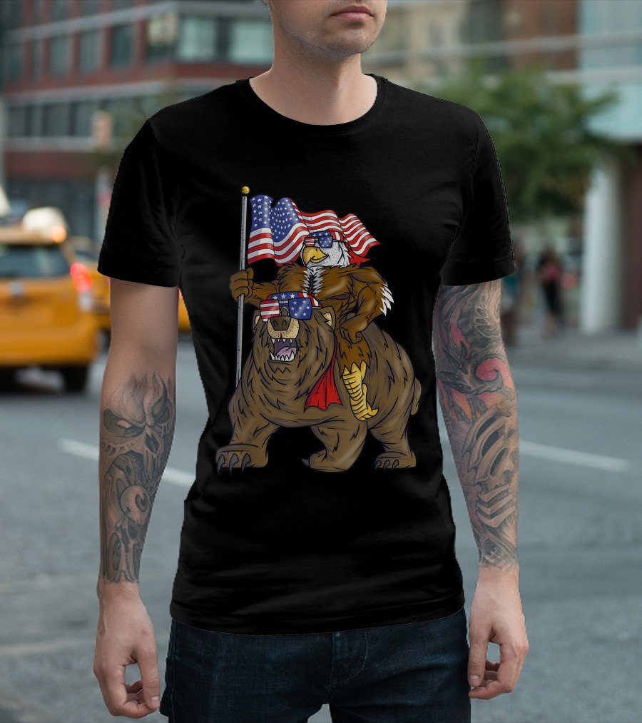 Patriotic American Bald Eagle on Bear with USA Flag 4th of July T-Shirt