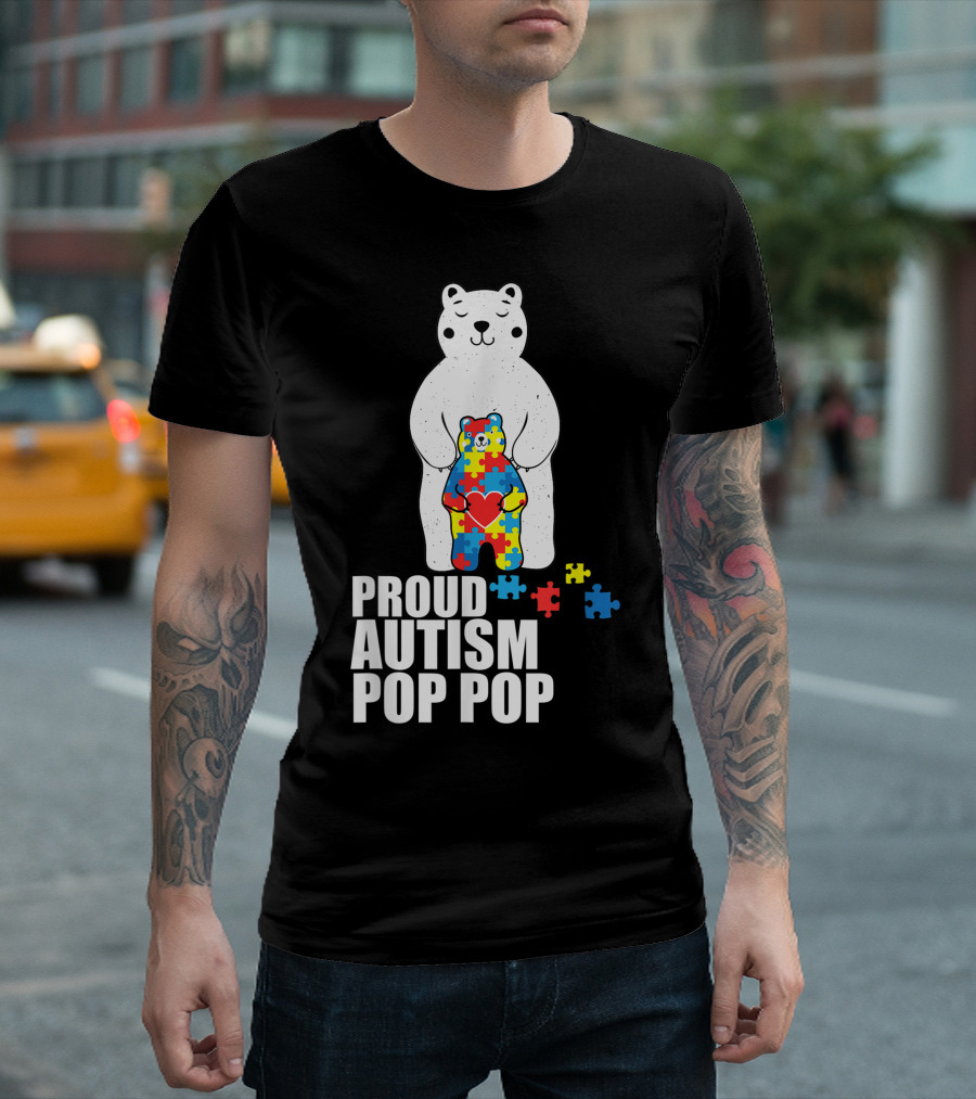 Proud Autism Pop Pop Bear Puzzle Heart Awareness T-Shirt