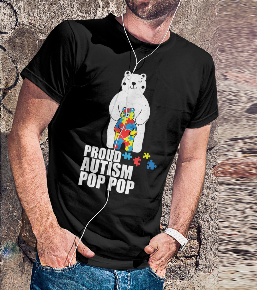 Proud Autism Pop Pop Bear Puzzle Heart Awareness T-Shirt