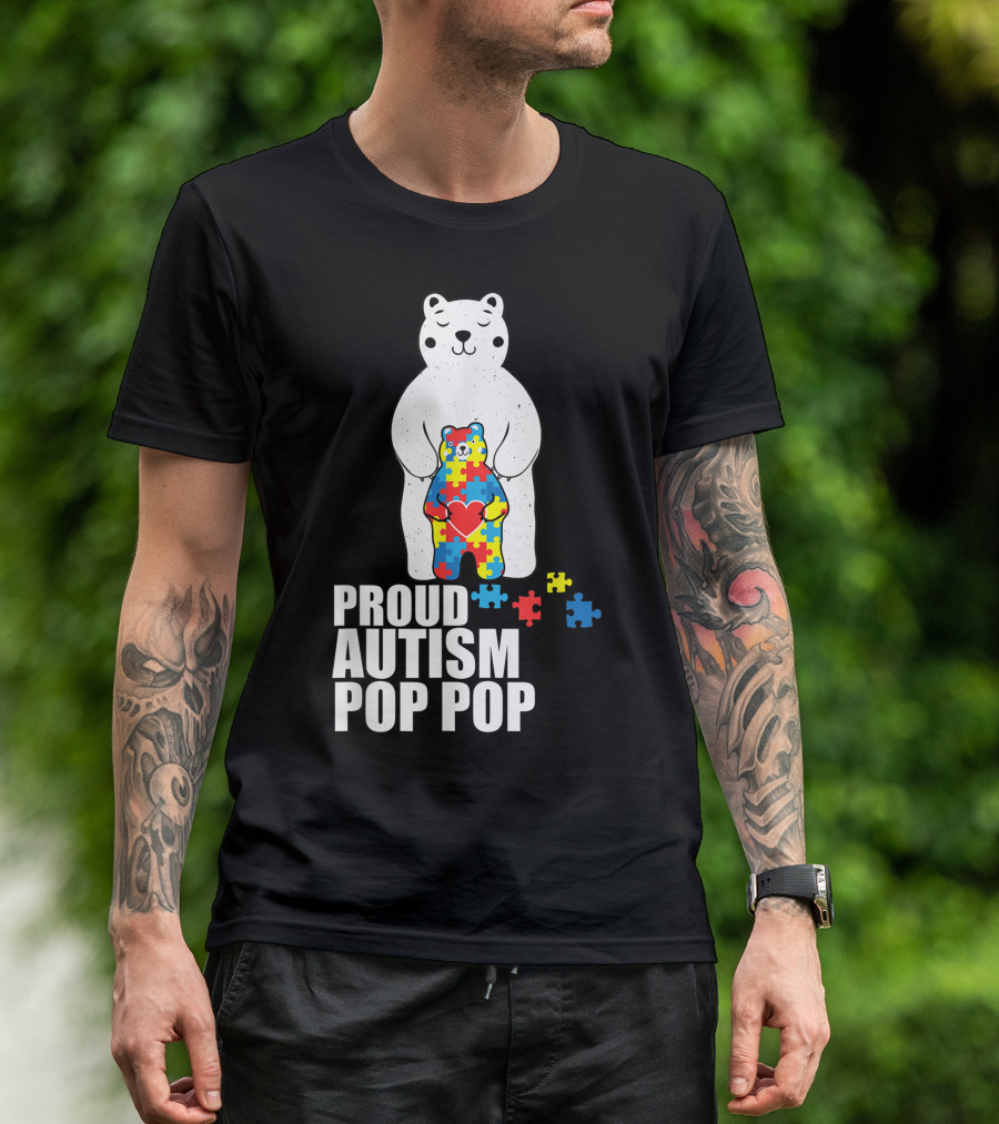 Proud Autism Pop Pop Bear Puzzle Heart Awareness T-Shirt