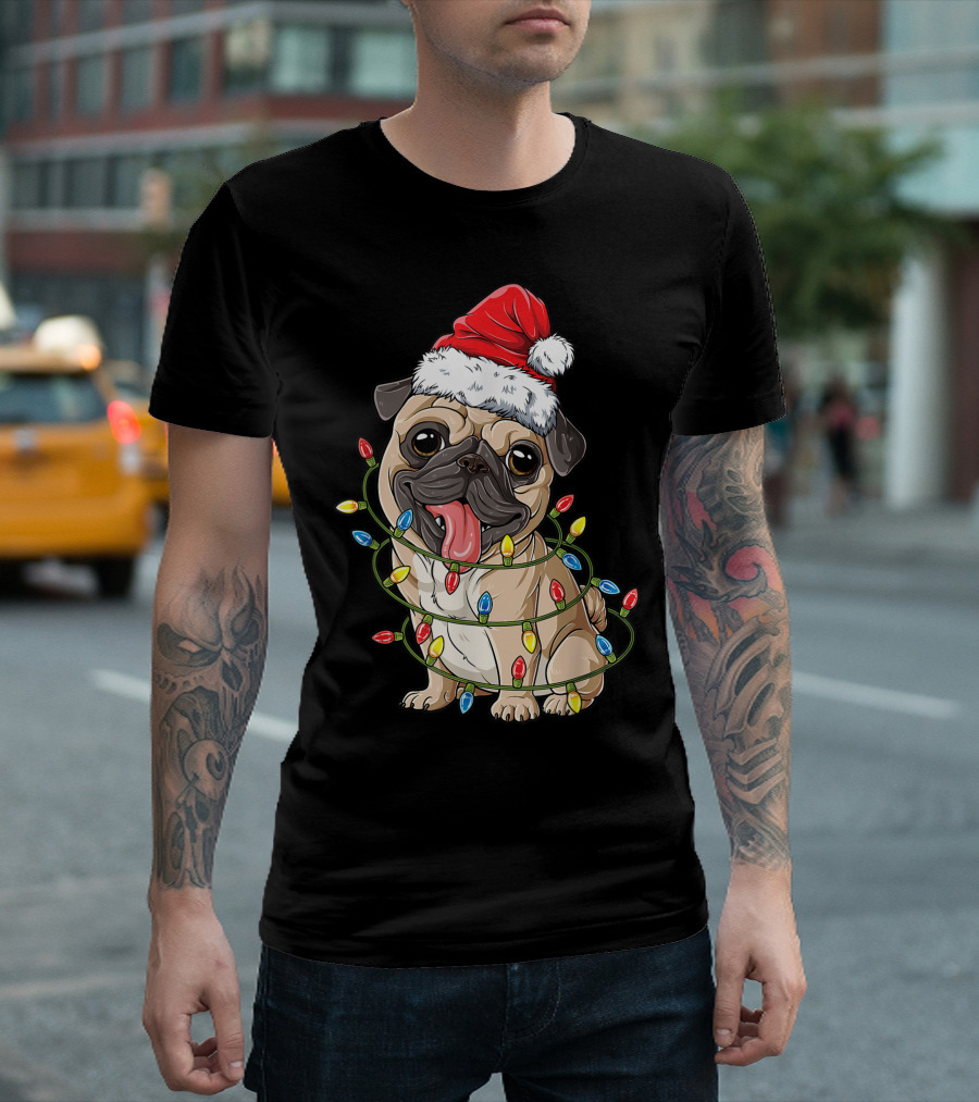 Pug Wrapped In Christmas Lights Wearing Santa Hat Pugmas Boys Xmas Dog T-Shirt