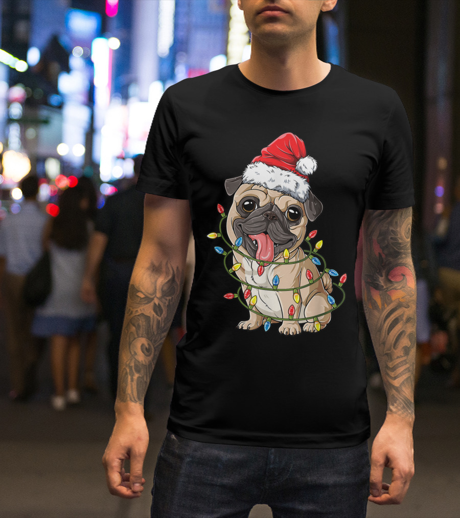 Pug Wrapped In Christmas Lights Wearing Santa Hat Pugmas Boys Xmas Dog T-Shirt